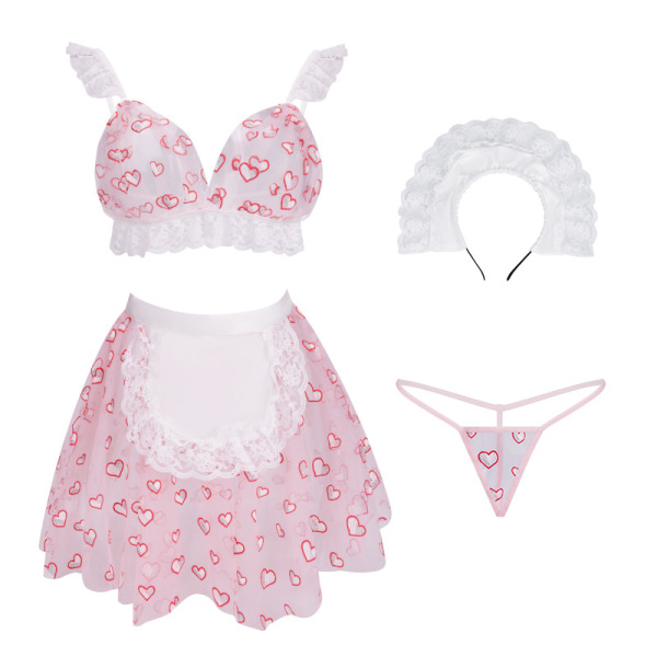 Sweetheart maid costume set: sexy sheer pink lingerie with heart print, lace trim, and playful design for romantic moments.