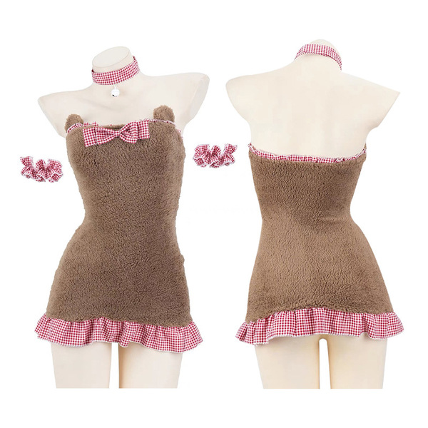 Sweetheart plush bodysuit skirt - cute kawaii cat ear lingerie set for women, busty plus size pure temptation sleepwear