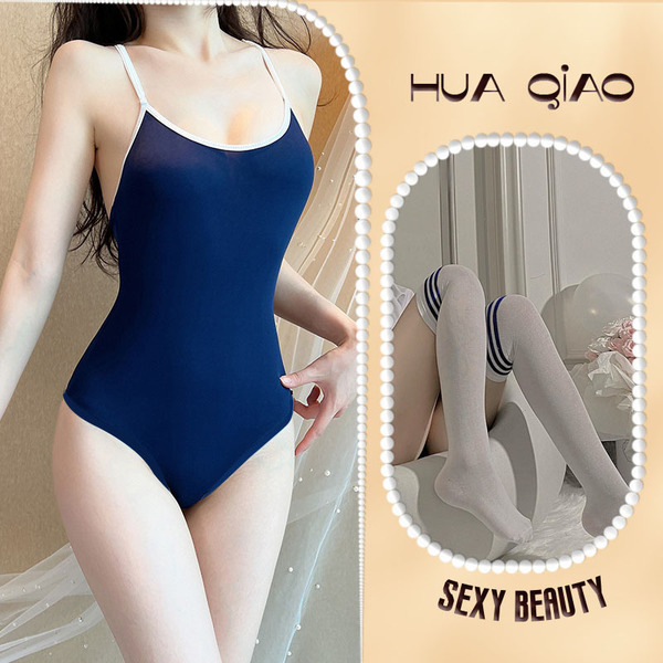 Sheer Lace Bodysuit Swimwear - Lightweight Transparent Tank Top Bikini Set for Women, Sexy Sleepwear & Lingerie - swimsuit + white schoolgirl socks