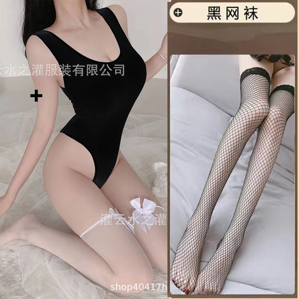 Japanese Schoolgirl Sexy Bodysuit for Small Busts - Cute & Alluring Open-Crotch Tight-Fit Lingerie - Black [T62 One-Piece Suit + Black Mesh]