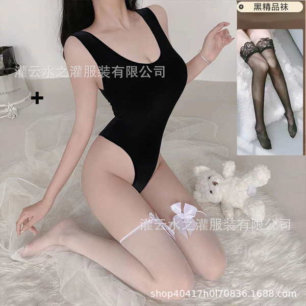 Japanese Schoolgirl Sexy Bodysuit for Small Busts - Cute & Alluring Open-Crotch Tight-Fit Lingerie - Black [T62 bodysuit + black stockings]
