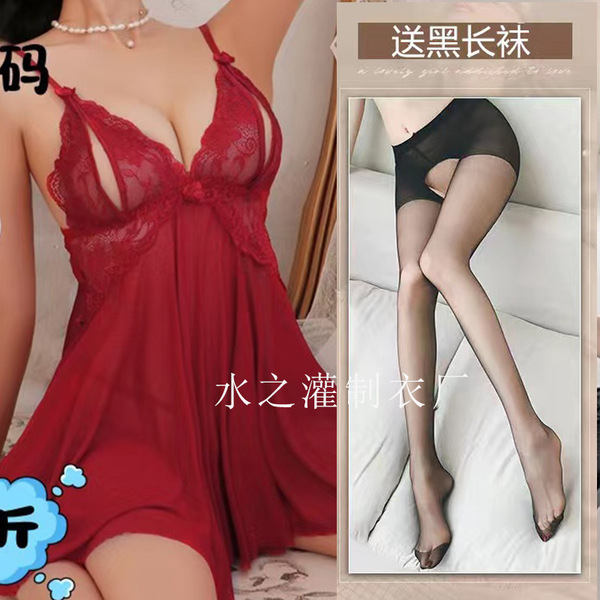 Water Sensual Lace Sleep Dress - Sheer Tempting Open-Crotch Nightgown for Curvy Women, No-Remove Uniform Style - T71 Red Nightgown [Includes Black Open Crotch Panties]
