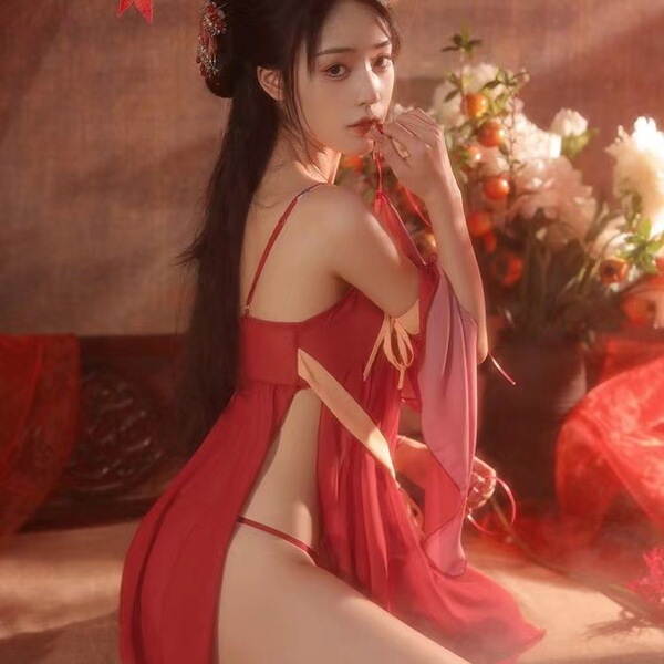 Elegant red sheer nightgown with traditional dudou top, inspired by tang dynasty style, perfect for a romantic night.