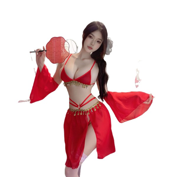 Elegant red tang dynasty silk lace lingerie set with gold-thread embroidery, sheer fabric design, and flowing sleeves for poe...