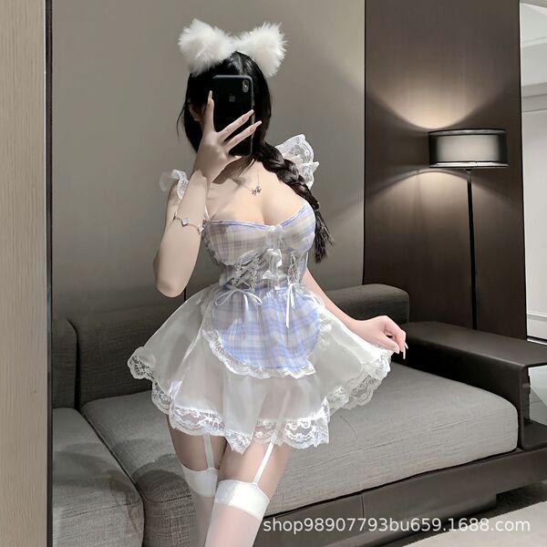 Woman wearing tangdao pure & tempting lingerie set — sheer maid-inspired sleepwear with lace trim, garters, and fluffy ears.