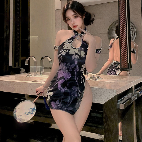 Elegant taonaier sensual silk velvet qipao lingerie featuring purple floral design, high-slit open-cup style, perfect for sed...