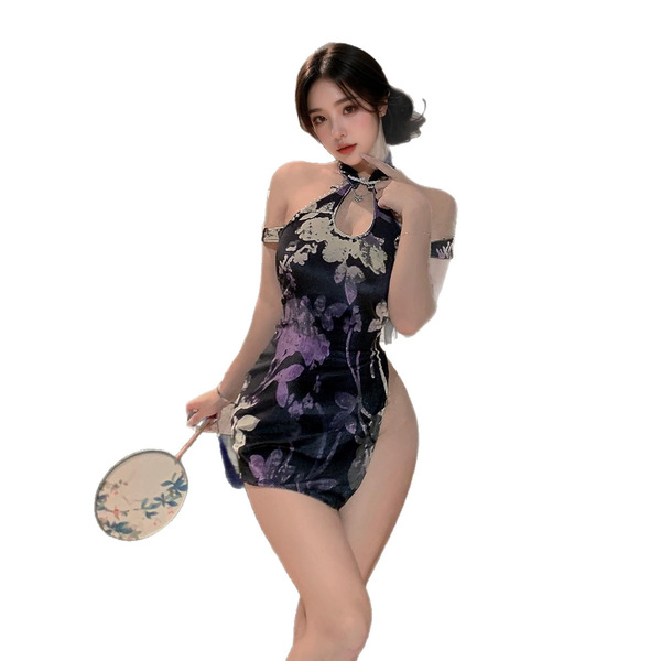 Elegant taonaier sensual silk velvet qipao lingerie featuring purple floral design, high-slit open-cup style, perfect for nig...