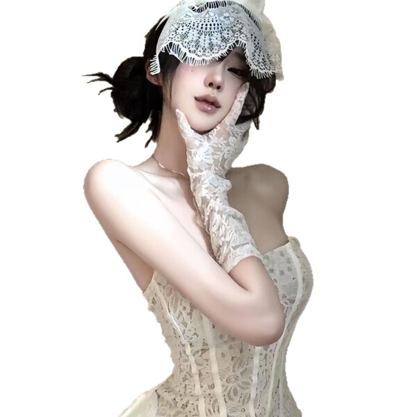Woman in taoxitang sexy sheer lace lingerie set with matching sleep dress, gloves, and eye mask.