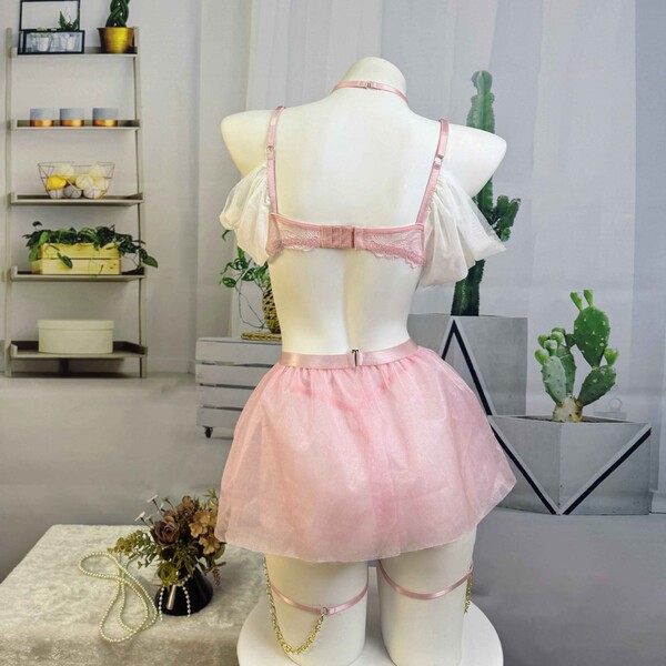 Temu pure & flirty floral mesh mini skirt - sexy role play lingerie outfit for women, featuring a delicate pink design wit...
