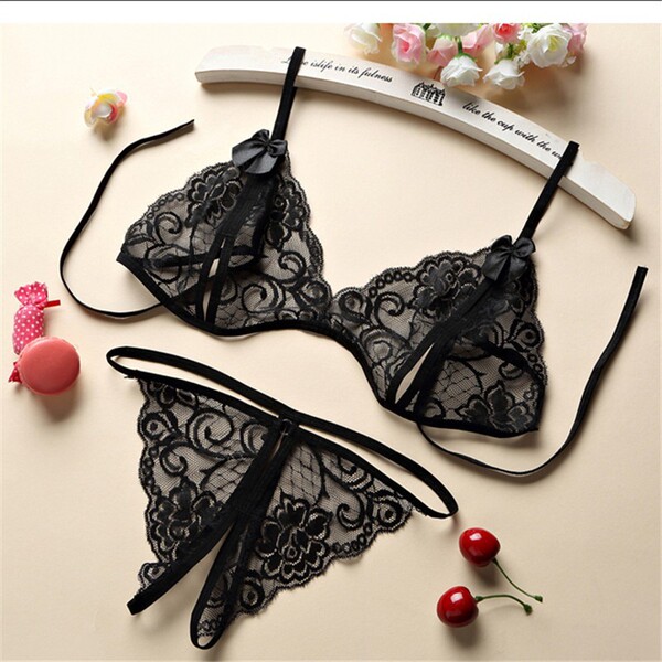 Sexy Maid Costume Lingerie Set -Hollow Sheer Roleplay Uniform for Women, Plus Size & Easy-Wear Design - Three-piece bra - black