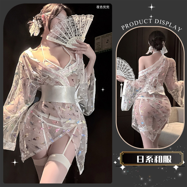 Chao Mu Sensual Japanese-Style Sheer Mesh Lingerie Set - Waist-Tie Kimono-Inspired Pure-Yuri Busty Outfit - Tokyo Anime Publication * White [Underwear + Outerwear + Belt + Panties]