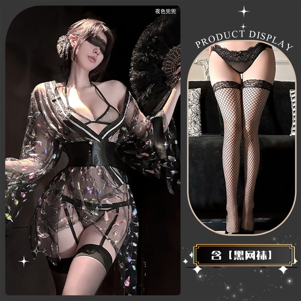 Chao Mu Sensual Japanese-Style Sheer Mesh Lingerie Set - Waist-Tie Kimono-Inspired Pure-Yuri Busty Outfit - Tokyo anime * Black + Black fishnet stockings