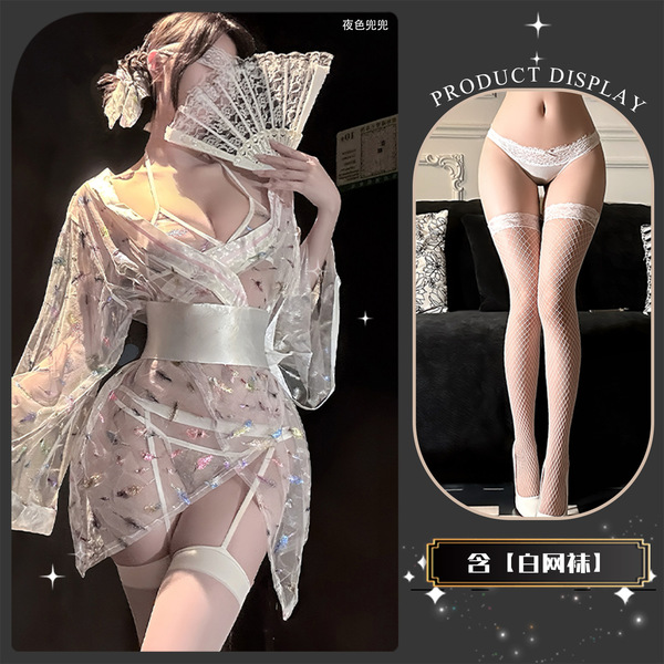 Chao Mu Sensual Japanese-Style Sheer Mesh Lingerie Set - Waist-Tie Kimono-Inspired Pure-Yuri Busty Outfit - Tokyo anime * White + White fishnet stockings