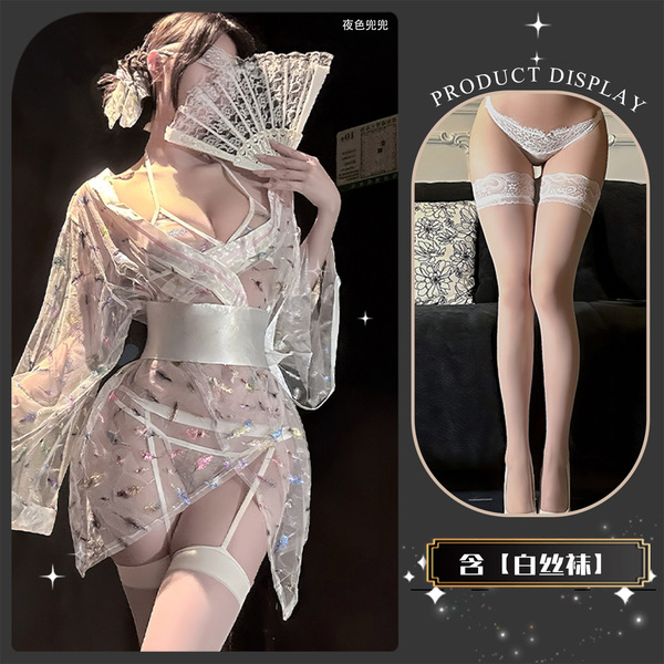 Chao Mu Sensual Japanese-Style Sheer Mesh Lingerie Set - Waist-Tie Kimono-Inspired Pure-Yuri Busty Outfit - Tokyo Fankan*White+White Stockings