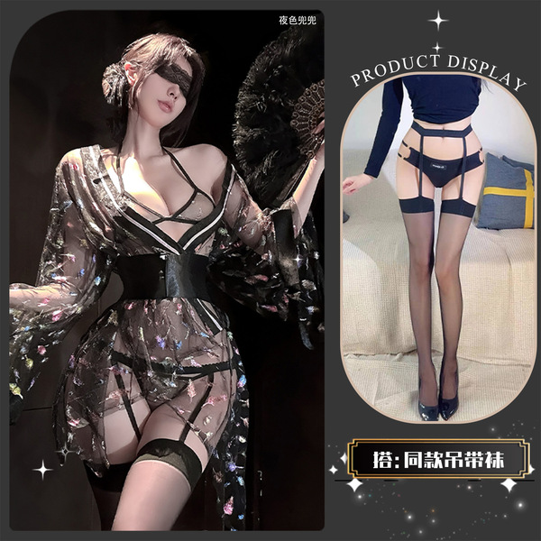 Chao Mu Sensual Japanese-Style Sheer Mesh Lingerie Set - Waist-Tie Kimono-Inspired Pure-Yuri Busty Outfit - Tokyo anime magazine * black + matching stockings