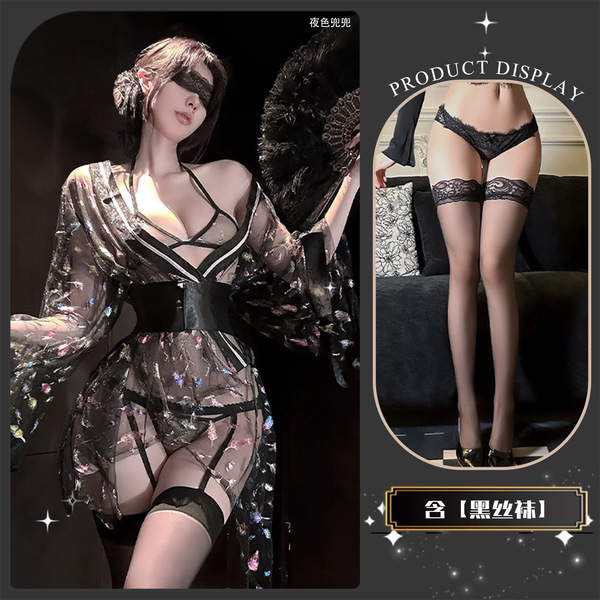 Chao Mu Sensual Japanese-Style Sheer Mesh Lingerie Set - Waist-Tie Kimono-Inspired Pure-Yuri Busty Outfit - Tokyo Anime Publication * Black + Black Stockings