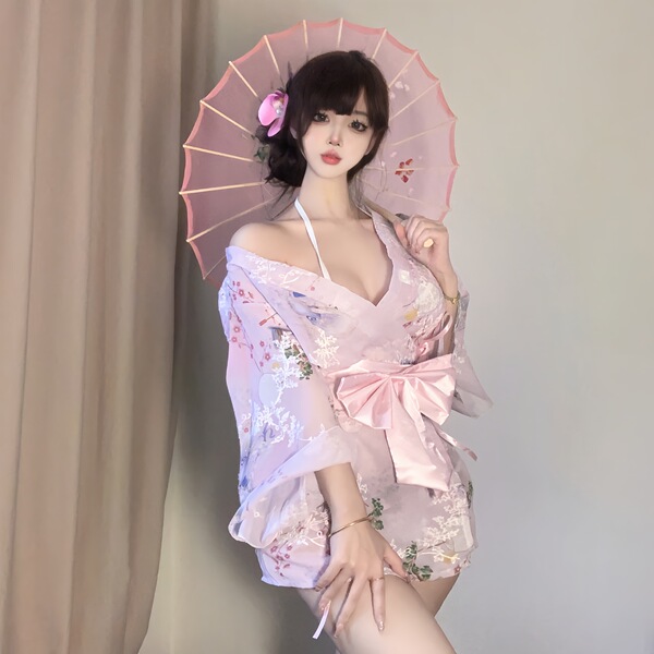 Sweet & Seductive Yukata Robe - Floral Print Satin-Trimmed Cosplay Bathrobe with Bow Detail & Embroidery - Tokyo Girl - Pink [Bikini + Outer Robe]