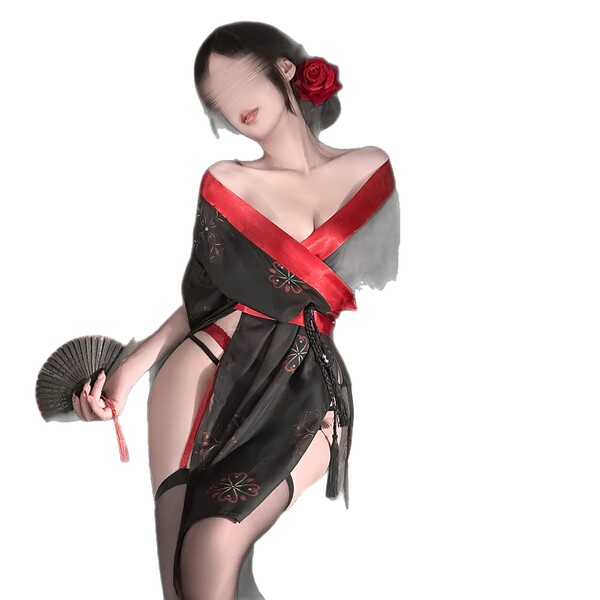 A woman wears a tokyo sakura lace kimono lingerie set, featuring a black and red design with cutout sleeves and waist ties, p...