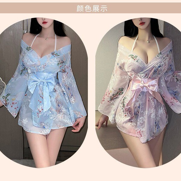 Tokyo shinto maiden kimono robe - sweet bow sexy floral sleepwear, sheer chiffon lingerie robe featuring elegant floral patte...