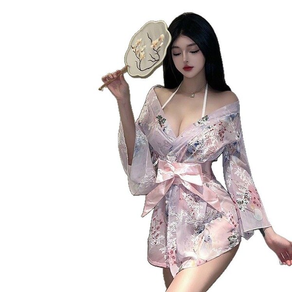 Tokyo shinto maiden kimono robe featuring sweet bow design, sheer chiffon fabric with floral patterns, elegant and sexy sleep...