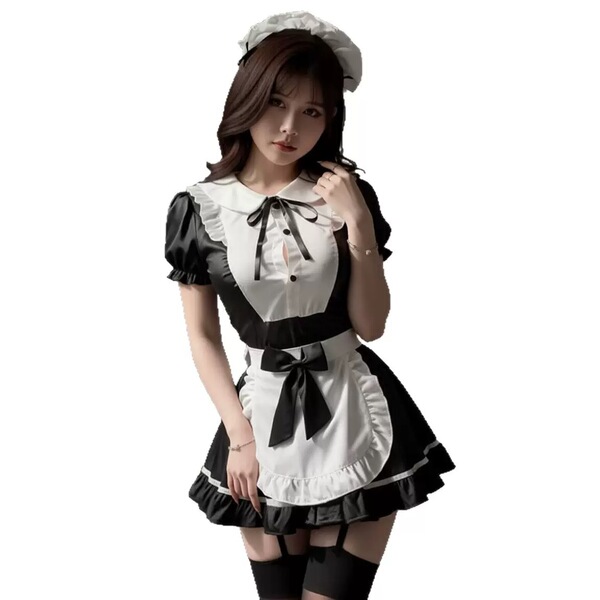 Sexy maid costume for women featuring a black and white dress with ruffles, bow ties, and thigh-high stockings, perfect for p...