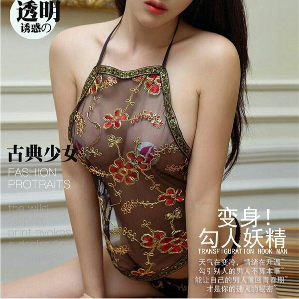 Woman wearing transparent embroidered lingerie set with floral patterns, inspired by ancient chinese hanfu style.