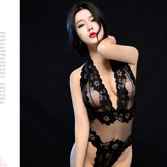 Elegant black lace mesh bodysuit with deep v-neckline, offering sheer allure and sensuous design for womens erotic lingerie.