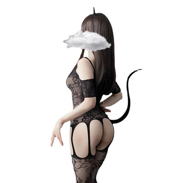 Transparent lace bodysuit featuring open-crotch design, sheer mesh one-piece with matching thigh-high stockings, offering a s...