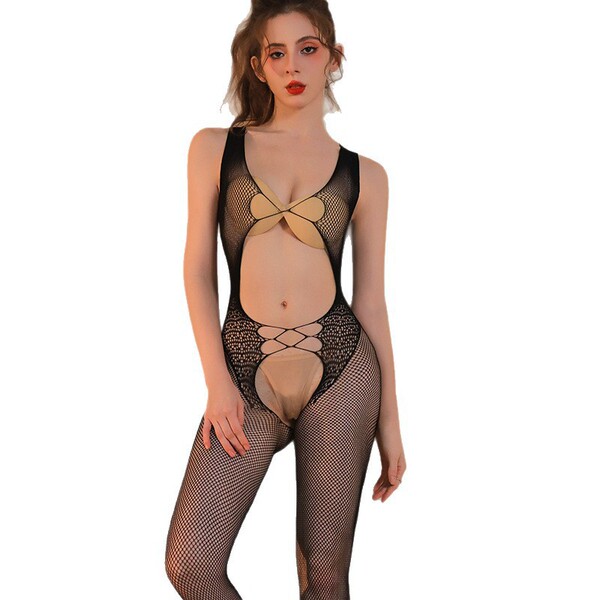 Transparent lace bodysuit set featuring open-crotch design, sheer mesh stockings, and costume style outfit.