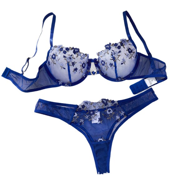 Blue transparent mesh lace bra set with embroidered sheer cups and matching thong, featuring a sexy push-up design.