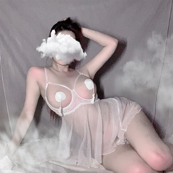 Woman wearing transparent sensual lingerie set with open-cup sheer sleepwear, underwire support, and seductive cutouts.