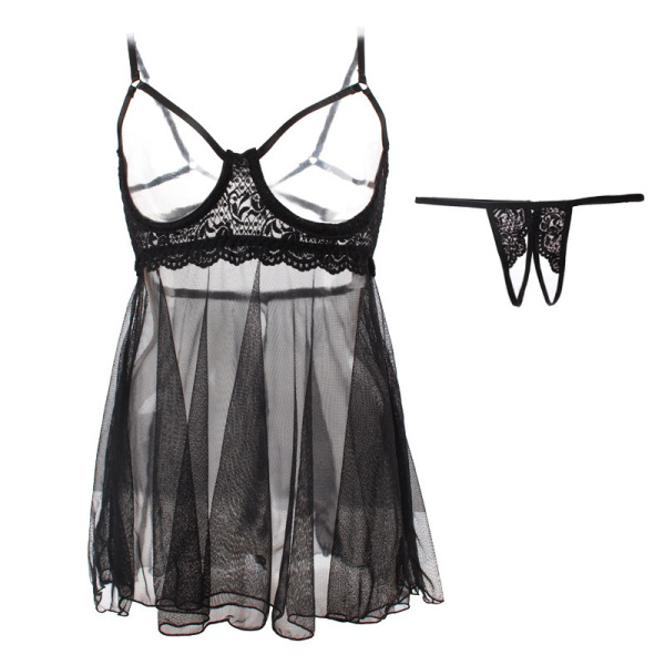Sheer black lingerie set with open-cup design, underwire support, lace trim, and matching thong for women.