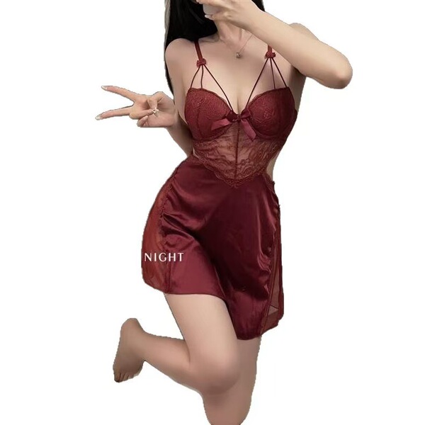 Woman modeling red transparent lingerie set with lace and satin, featuring sheer sleepwear design for couples.