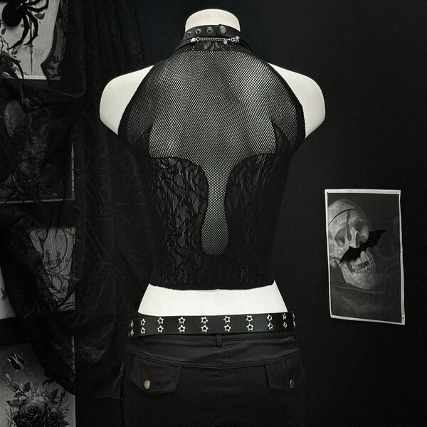 Sexy gothic punk crop vest featuring sheer twill lace design, perfect for daring fashion statements.