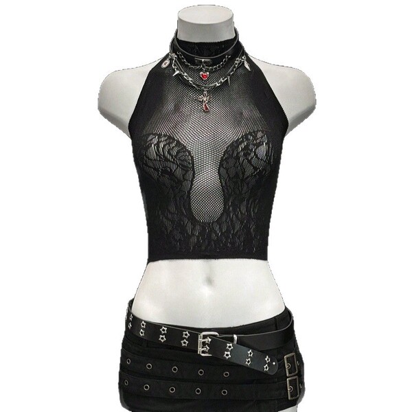 Sexy black twill lace crop top with sheer mesh design, adorned with chains and beads for a gothic punk look.