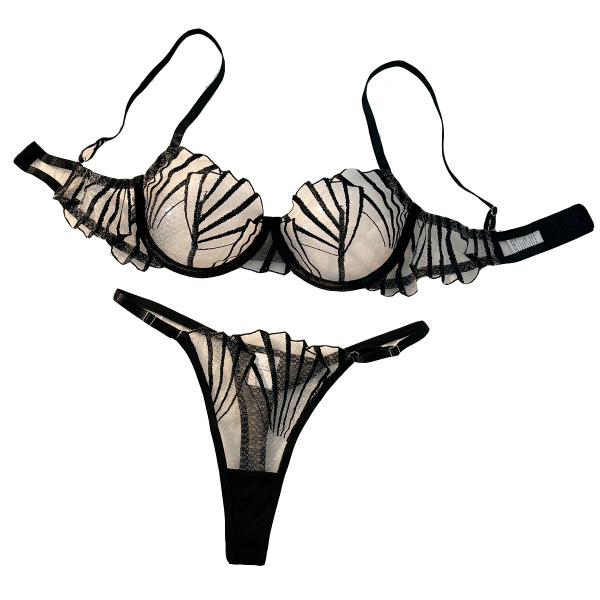 Sheer black lace lingerie set with leaf pattern, featuring ultra-thin bra and matching thong for sensual temptation.