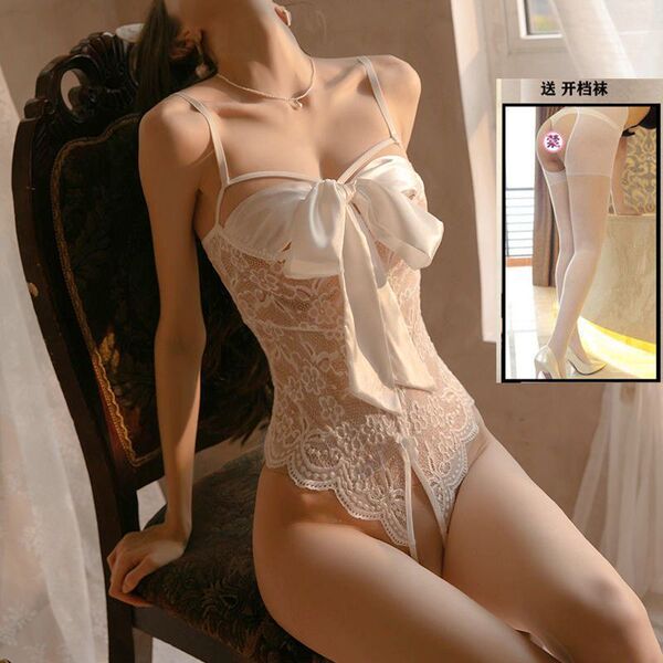 Seductive Lace Cami Sleepwear for Women – Sexy Open-Crotch Adjustable Strap Nightdress with Lift Effect - Open-crotch top (white) - comes with open-crotch socks