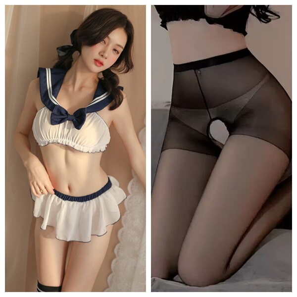 Sensual JK Uniform Lingerie Set for Women – Cute & Sexy Sleepwear with Playful Charm - Uniform set + black open-crotch stockings