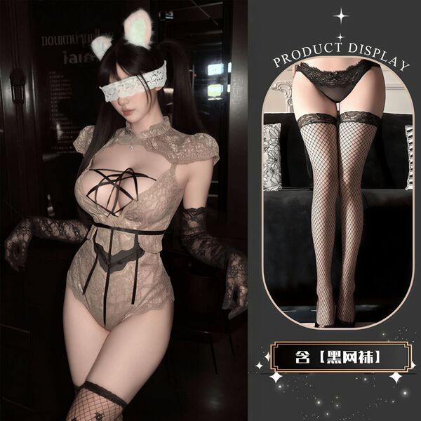QQNY Pure Allure Sleepwear Set – Elegant Sensual Lingerie for Women, Luxury Bedroom Wear - Uniform + Black Fishnet Stockings