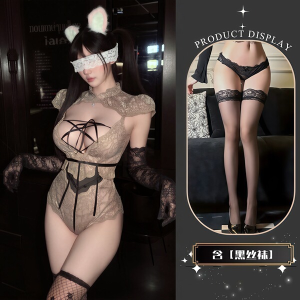 QQNY Pure Allure Sleepwear Set – Elegant Sensual Lingerie for Women, Luxury Bedroom Wear - Uniform + Black Stockings