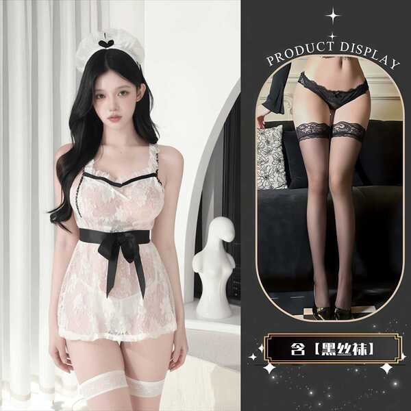 QQNY Pure Allure Sleepwear Set – Elegant Sensual Lingerie for Women, Luxury Bedroom Wear - Uniform + Black Stockings