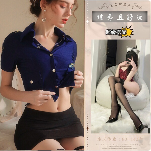 Flirty Airline Hostess Costume Set - Sexy Lingerie Sleepwear Cosplay Outfit for Women - Uniform set + black stockings