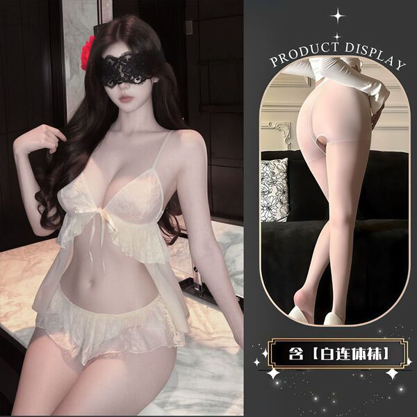 QQNY Pure Allure Sleepwear Set – Luxe Sensual Lingerie for Women, Soft Satin Chemise & Matching Briefs - Uniform + White Open Crotch Socks