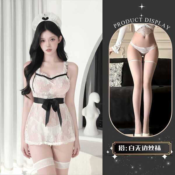 QQNY Pure Allure Sleepwear Set – Elegant Sensual Lingerie for Women, Luxury Bedroom Wear - Uniform + white lace stockings