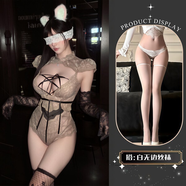 QQNY Pure Allure Sleepwear Set – Elegant Sensual Lingerie for Women, Luxury Bedroom Wear - Uniform + white lace stockings
