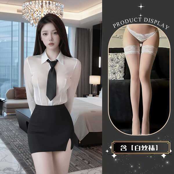 QQNY Pure Allure Sleepwear Set – Elegant Sensual Lingerie for Women, Luxury Bedroom Wear - Uniform + white stockings