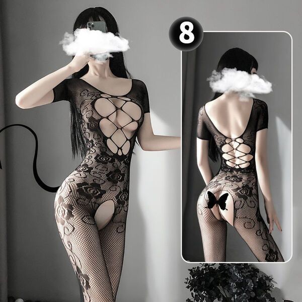 Sexy Transparent Lace Bodysuit with Black Sheer Stockings - Open-Crotch Playwear for Women - Charming