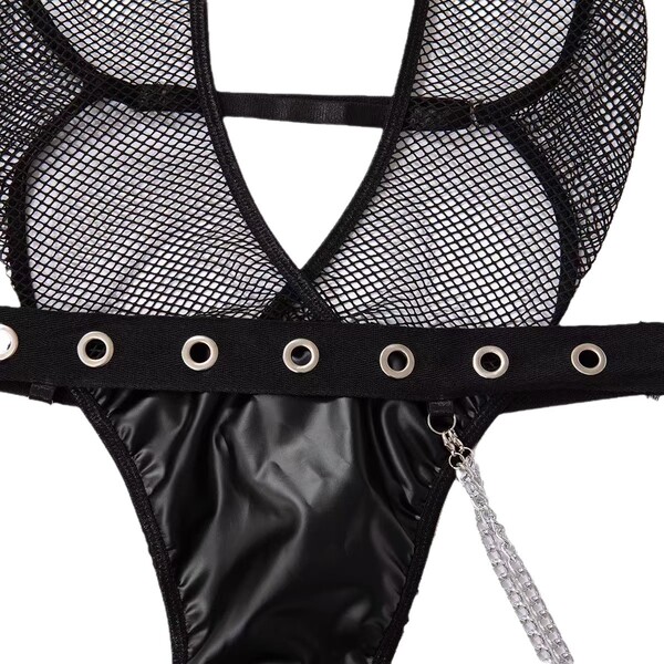 Utopia sexy lace bodysuit for women – sleek patent leather & mesh halter cut-out bodysuit with grommets and zipper detail