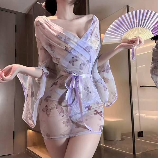 Elegant sheer kimono robe featuring butterfly print, perfect for flirty sleepwear or seductive evening wear.