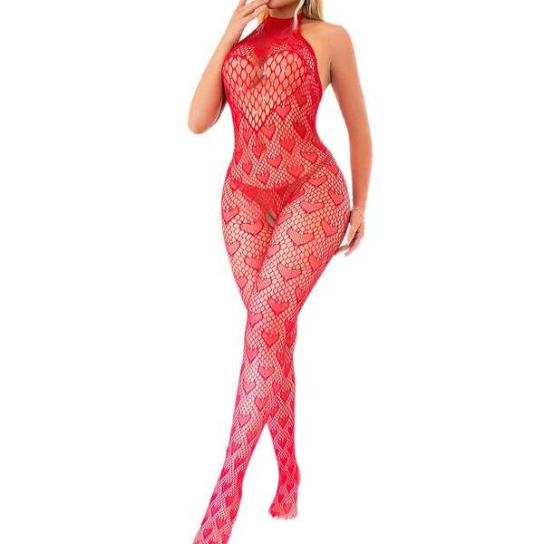 Valentines heart rhinestone bodysuit - sheer mesh open-crotch lace-up corset top & fishnet stockings set